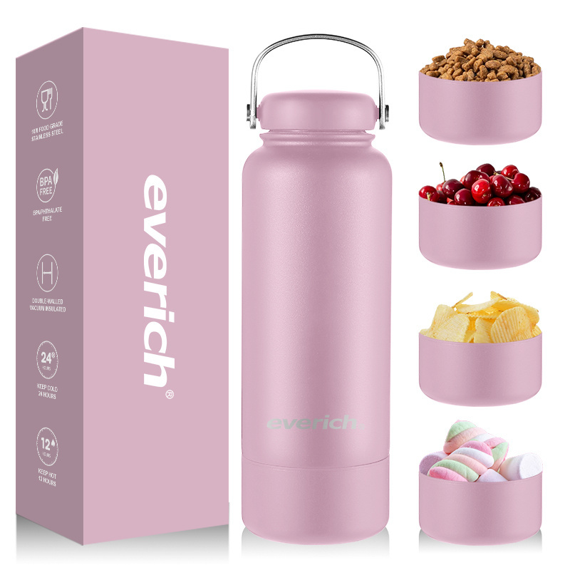 Everich 2 in 1 18/8 Stainless Steel Double Walled Insulated Water Bottle with New Aluminium Handle and 8 oz Storage