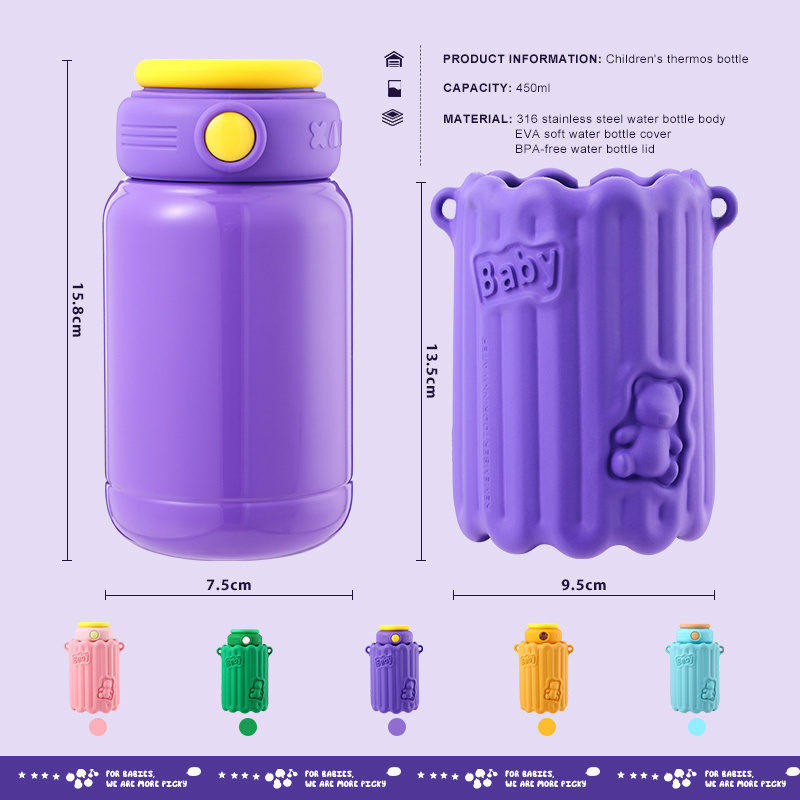 Portable Long-lasting heat preservation Portable 450ml Cute 316 Stainless Steel Kids Sublimation Water Bottle with Straw