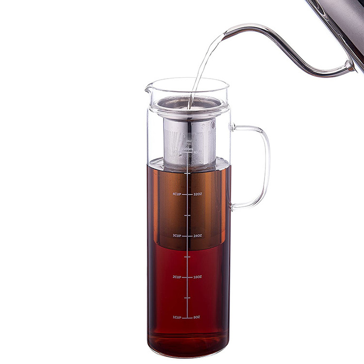 Everich 1L Borosilicate Glass Tea Pitcher With Stainless Steel Infuser Carafe Glass Coffee Pot Cold Brew Coffee Maker