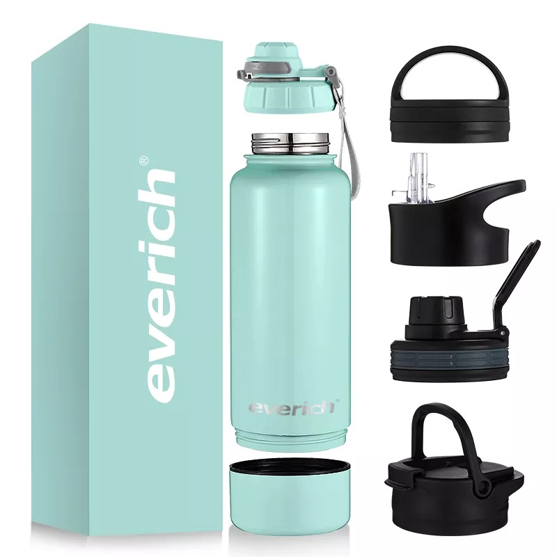 Eco Friendly 32 oz 2 in 1 Gym Drink Sport Water Bottle Insulated Stainless Steel Flask Water Bottle 1L with Straw and 4 lids