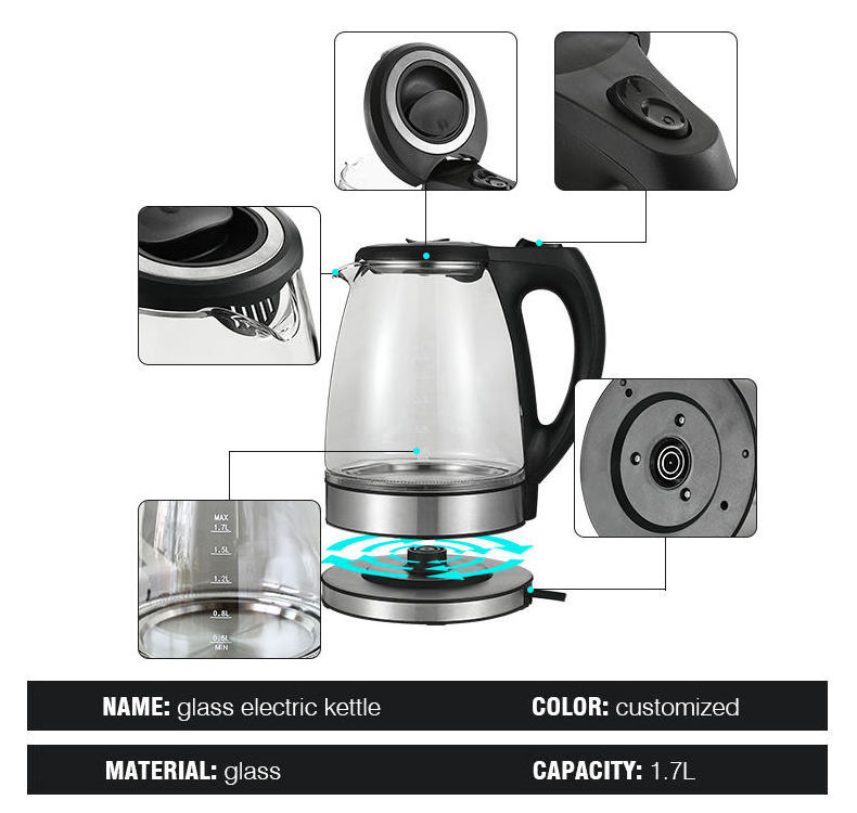 household portable BPA-free glass electric kettles with Stainless Steel Filter and Inner Lid