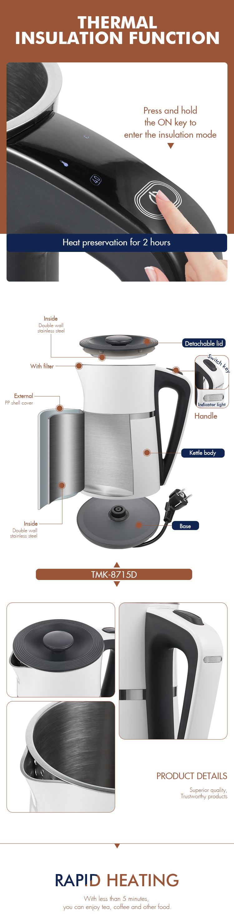 New thermo electric kettle stainless steel water  tea kettle double wall water boiler