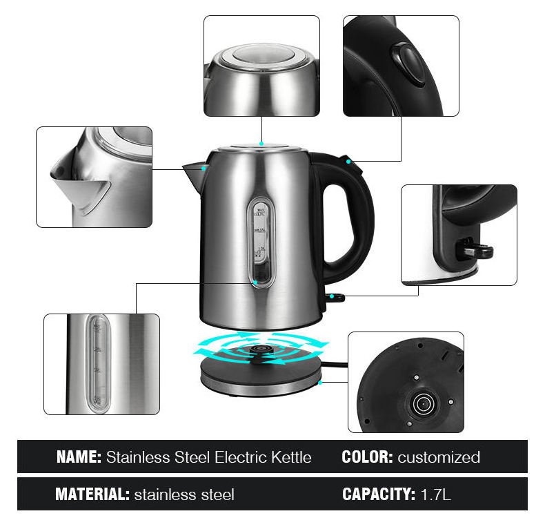 Everich hot sell 1.7L green color stainless steel insulation tea water electric kettle 110v 220v