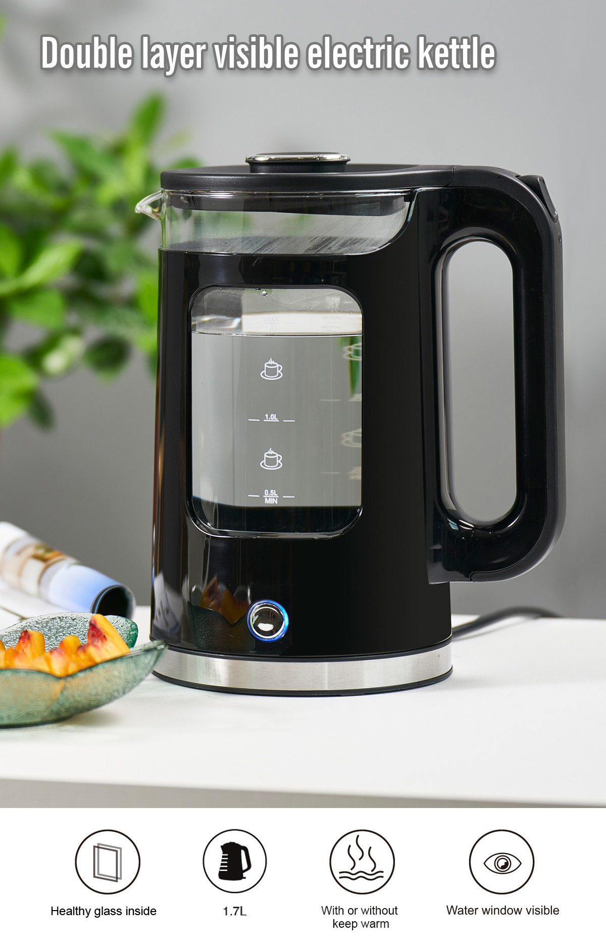 Electric Kettle With High Quality Borosilicate Glass 1.7L Digital Double Layer Water Boiler