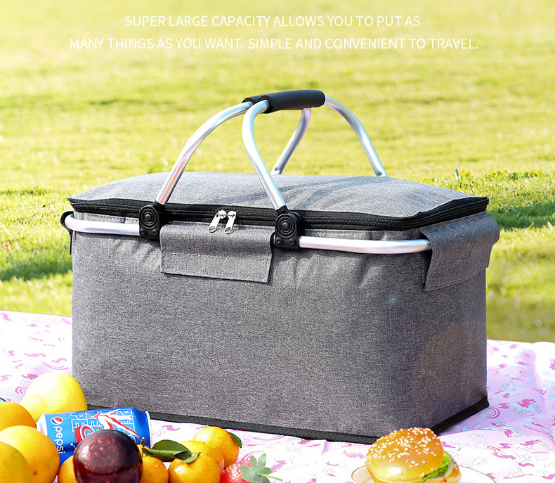 Outdoor Large Capacity Foldable Tote Cooler Bag Strong Aluminum Frame Thermal Insulated Picnic Basket Set with Lid