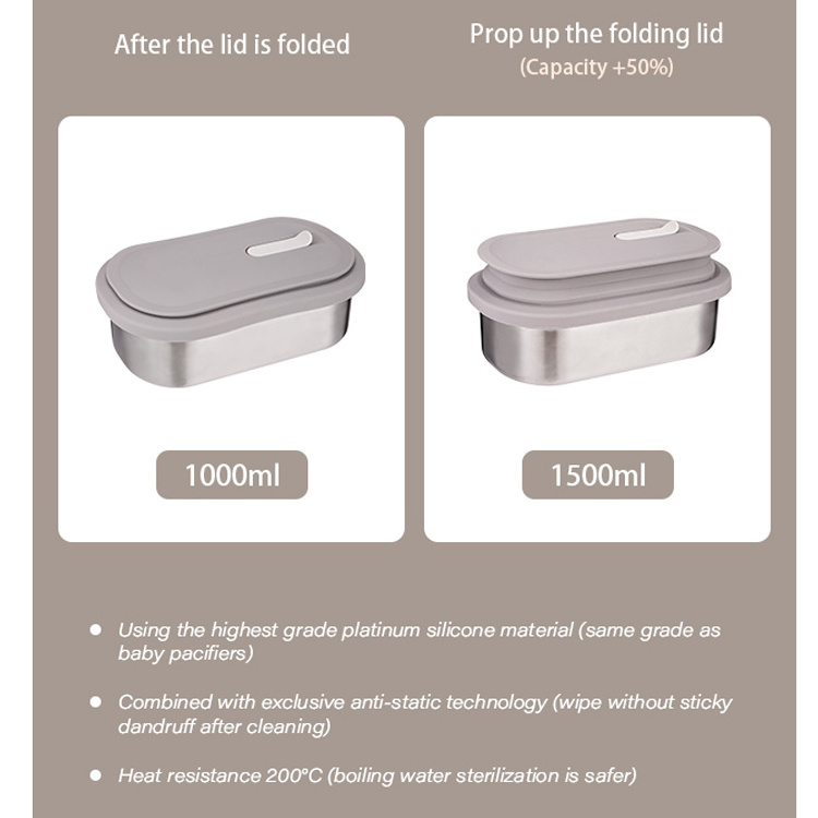 2023 New Mould Retractable Silicone Lids Large capacity Food Container Bento Lunch Box 304 Stainless Steel Lunch Box