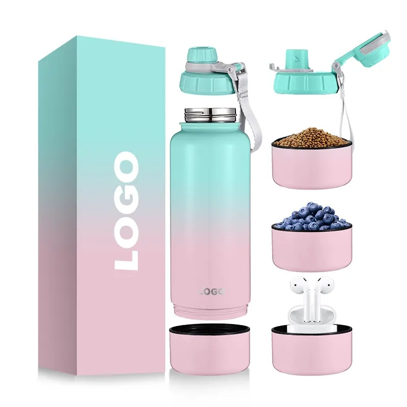 Hot Selling ODM 32/40oz Double Wall Vacuum Stainless Steel Insulated Sports Water Bottle With Storage Jar And Handle Lid