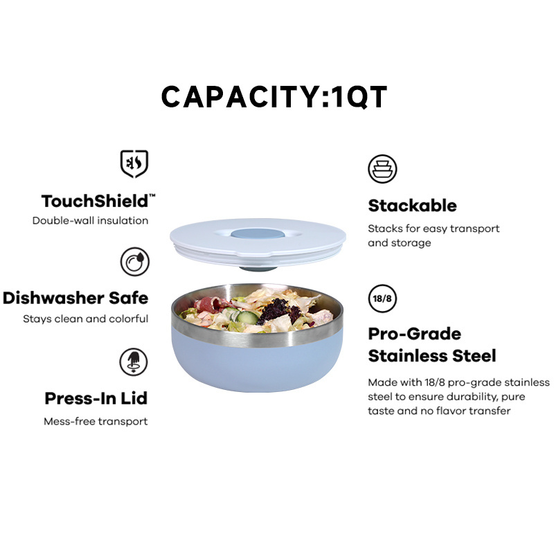 1000ml Round Double Wall Stainless Steel Lunch Bowl Tiffin Container for Kids & Adults Bento Box with Salad Bowl