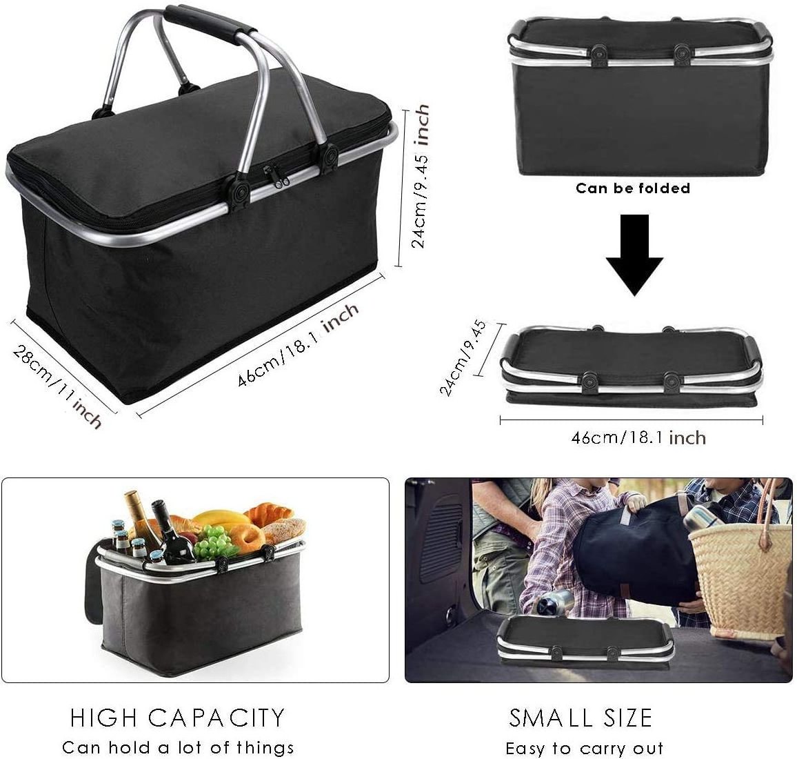 Outdoor Large Capacity Foldable Tote Cooler Bag Strong Aluminum Frame Thermal Insulated Picnic Basket Set with Lid