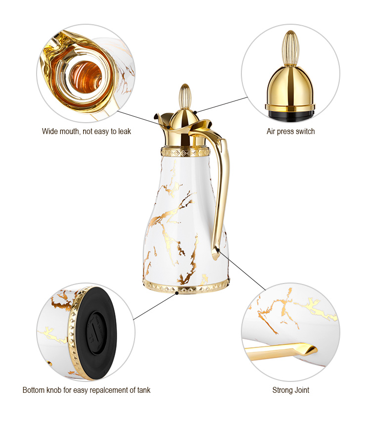 Luxury Arabic Marble Green 1000ml Thermos Flask Vacuum Coffee Pot for Drinking Hot 24 Hours