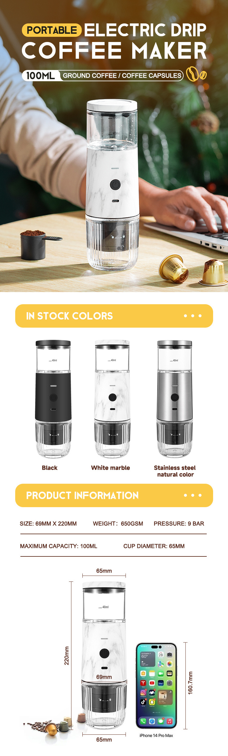 USB Rechargeable Mini Portable Coffee Maker with Compatible Coffee Capsules and Ground Coffee