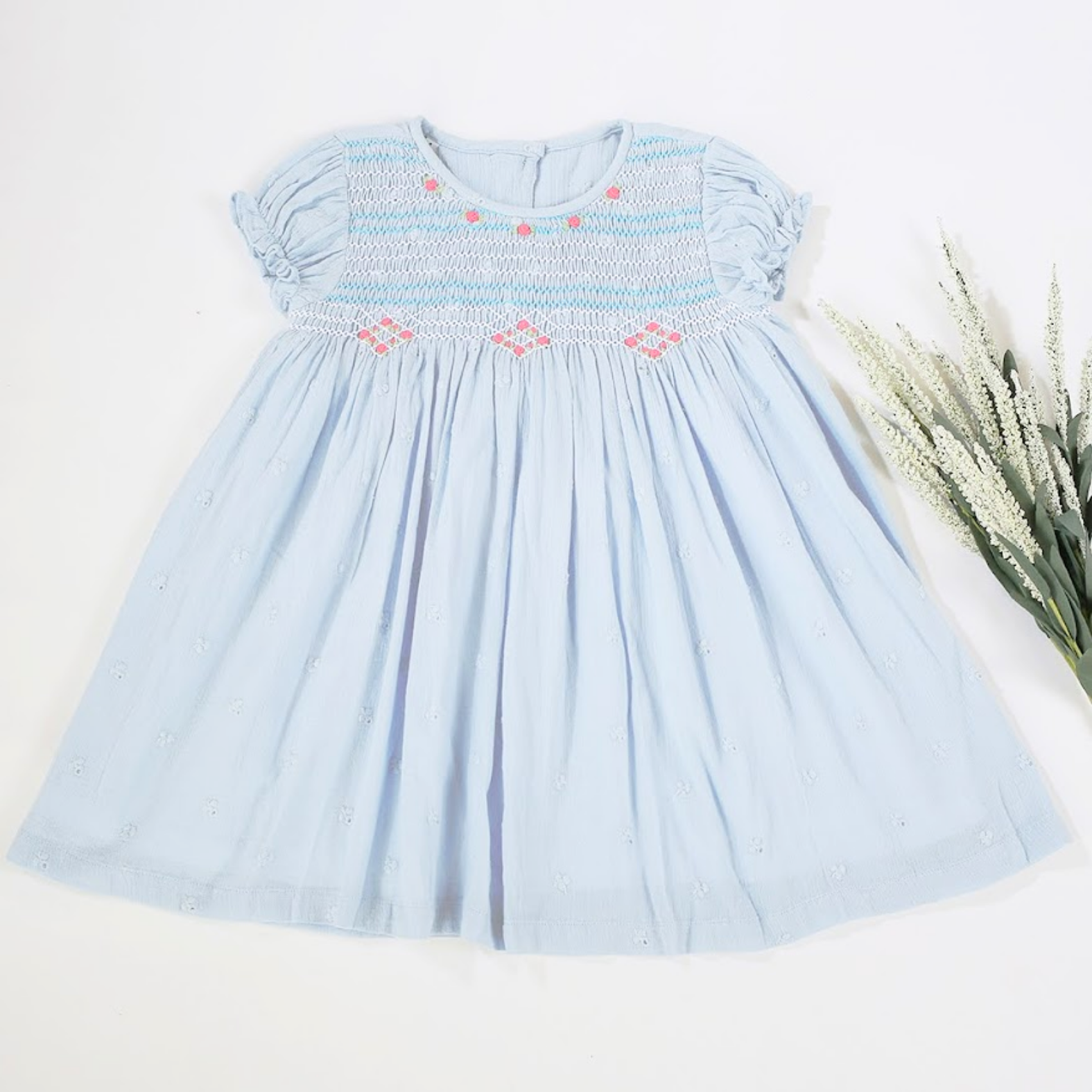 Children's Clothing Girl's Clothing Girls Dresses Wholesale Girl Smocked Dress Blue Short 100% Cotton Customized Design