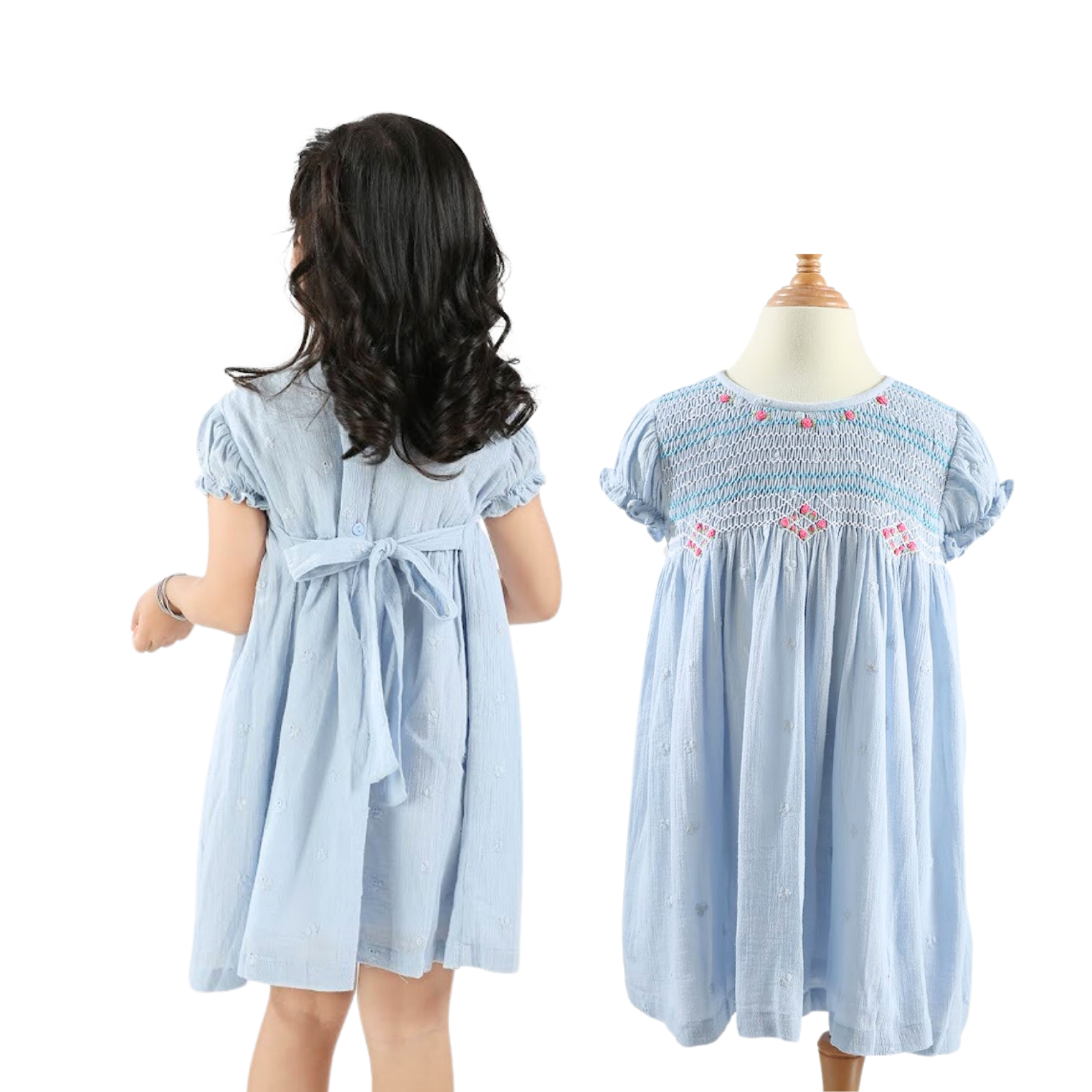 Children's Clothing Girl's Clothing Girls Dresses Wholesale Girl Smocked Dress Blue Short 100% Cotton Customized Design