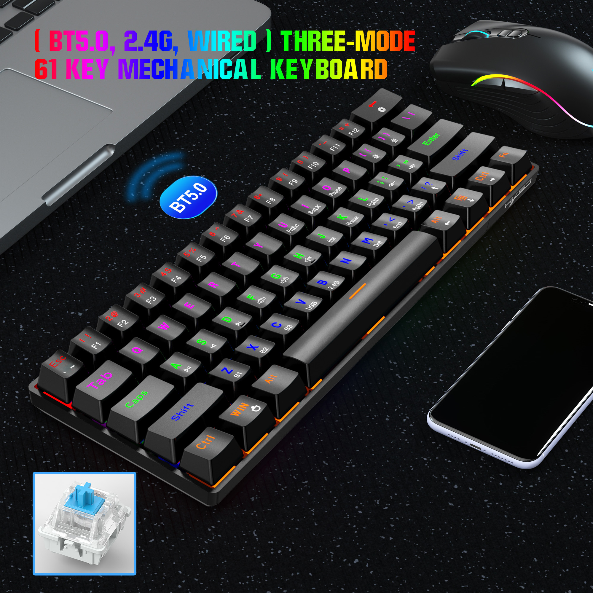 Portable 60% Mechanical Gaming Wired Gamer Keyboard with Blue Switches LED Backlit 61 Keys Ultra Compact Mini Office Keyboard