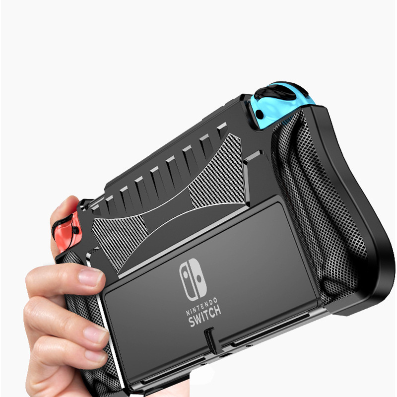 Dockable Protective Case for Nintendo Switch OLED 2021 Soft Silicone Shell Carbon Fiber Textued Ergonomic Grip Cover for Joycon