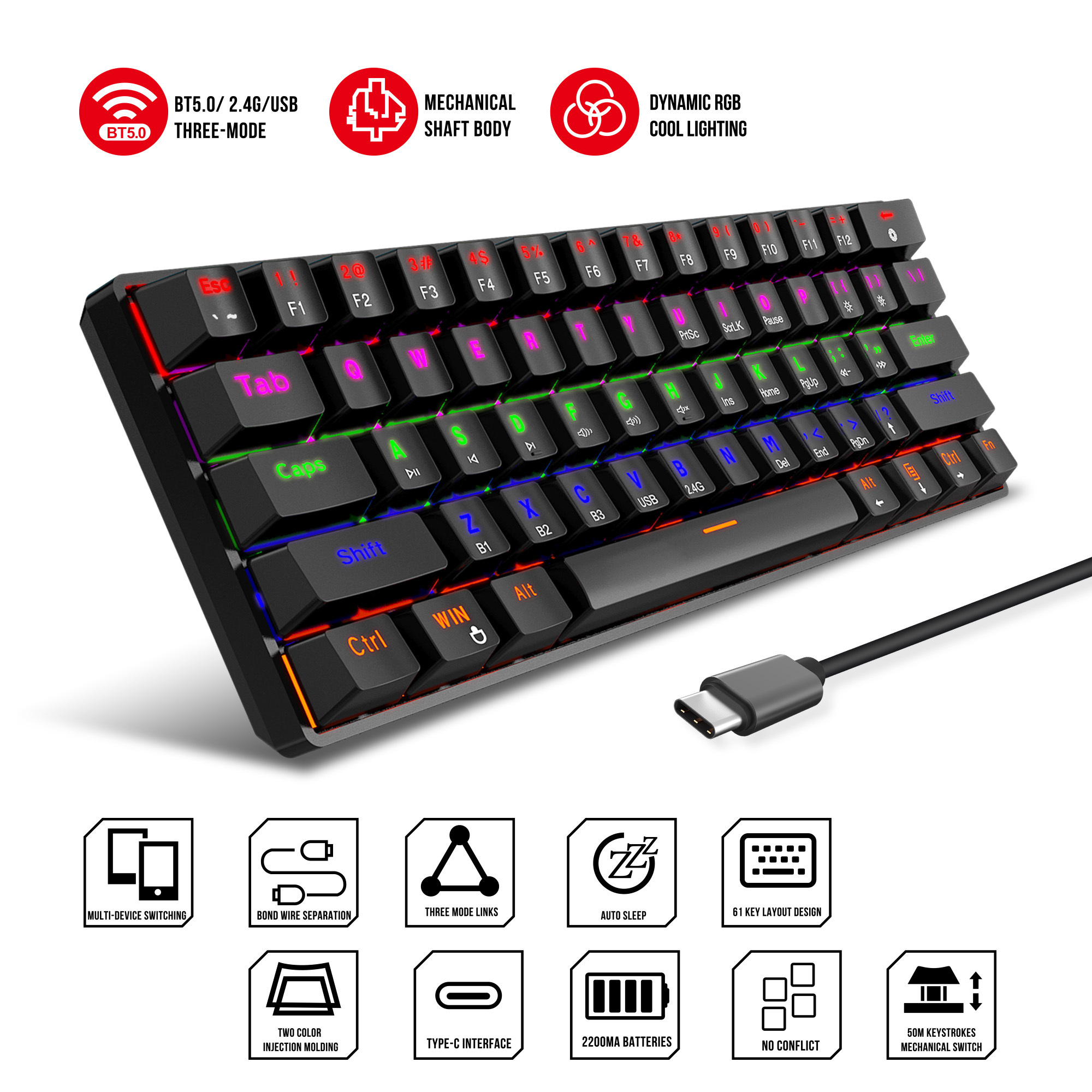 Portable 60% Mechanical Gaming Wired Gamer Keyboard with Blue Switches LED Backlit 61 Keys Ultra Compact Mini Office Keyboard