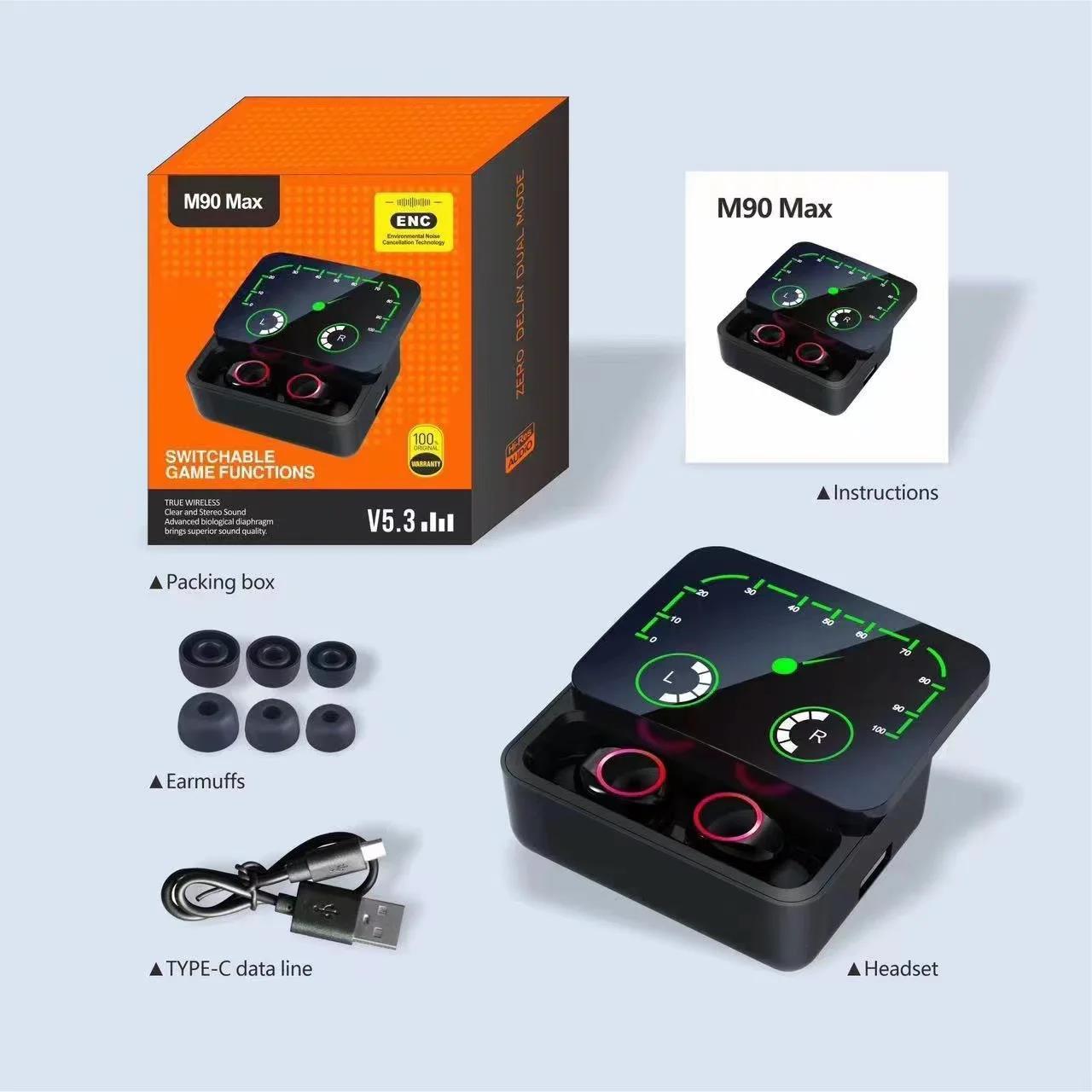 M90Max Wireless Earphones Stereo Deep Bass Sound Noise Canceling Headphones With Built-in Mic Charging Box For Sports Running