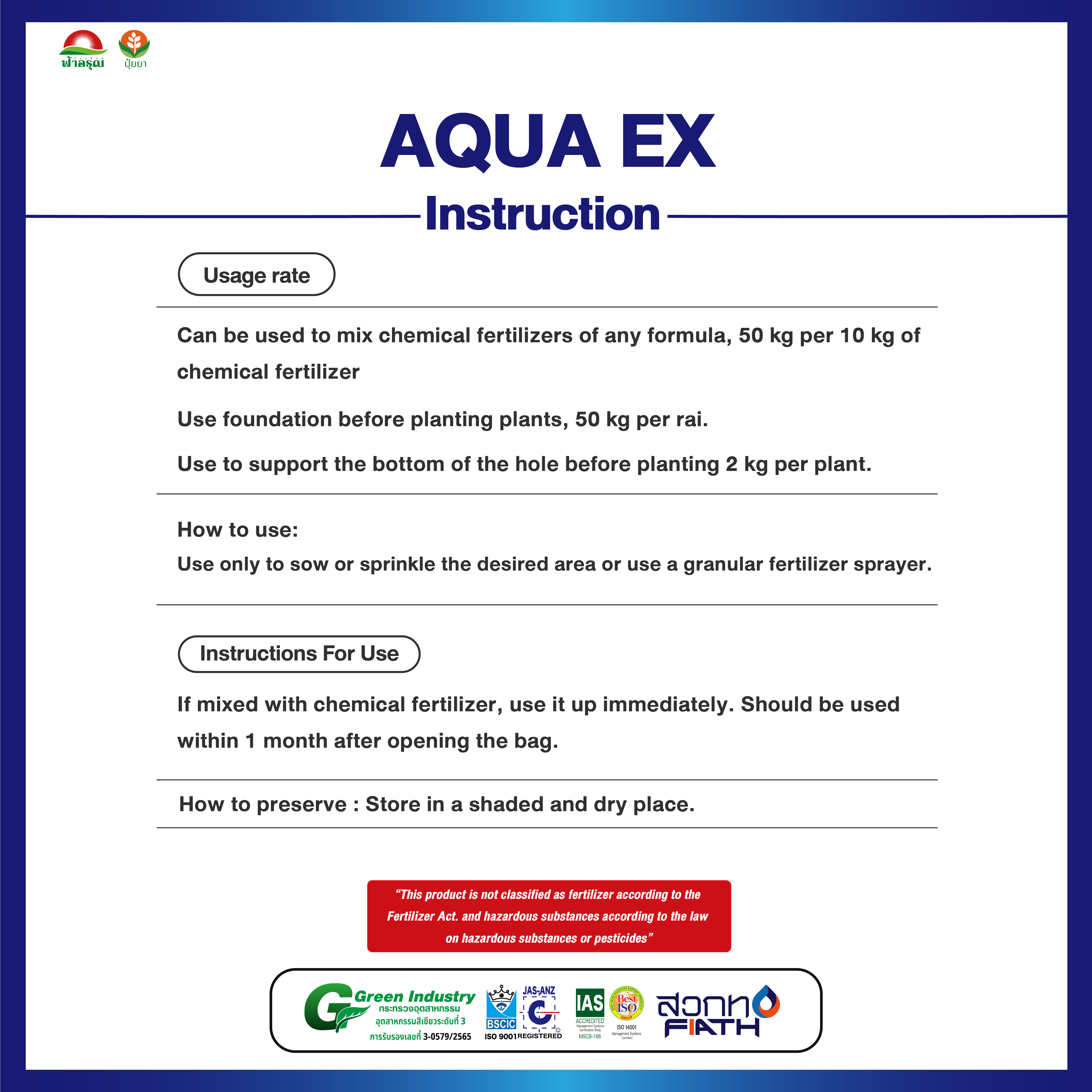 AQUA EX Quick Release Seaweed Extract Granule Organic Fertilizer Soil Conditioner for Plant Nutrition Agriculture from Thailand