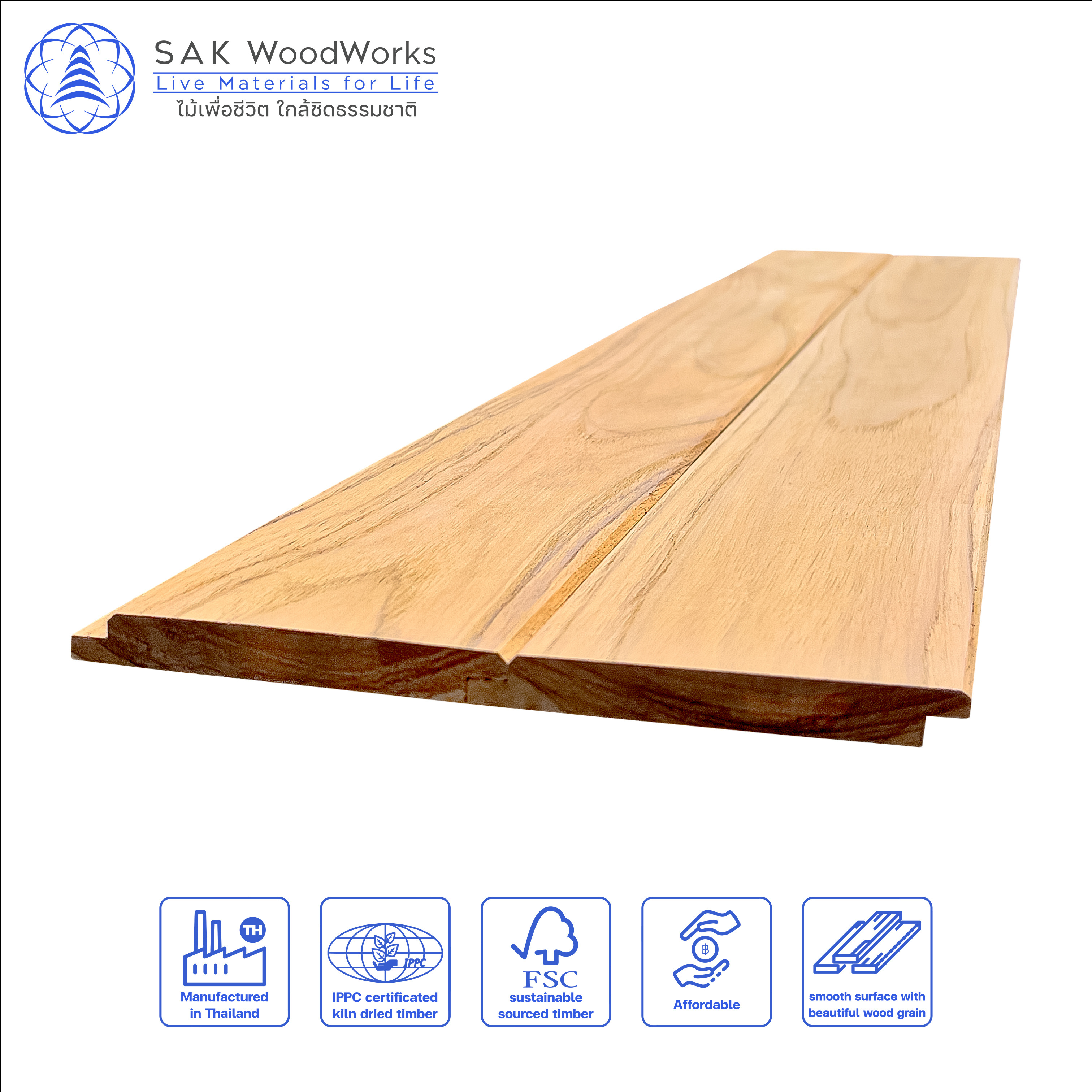 Thai Teak Cladding and Ceiling Boards by SAK WoodWorks Luxurious Wood Cladding for your Estate 12 x 90 x 1000/3000 mm.