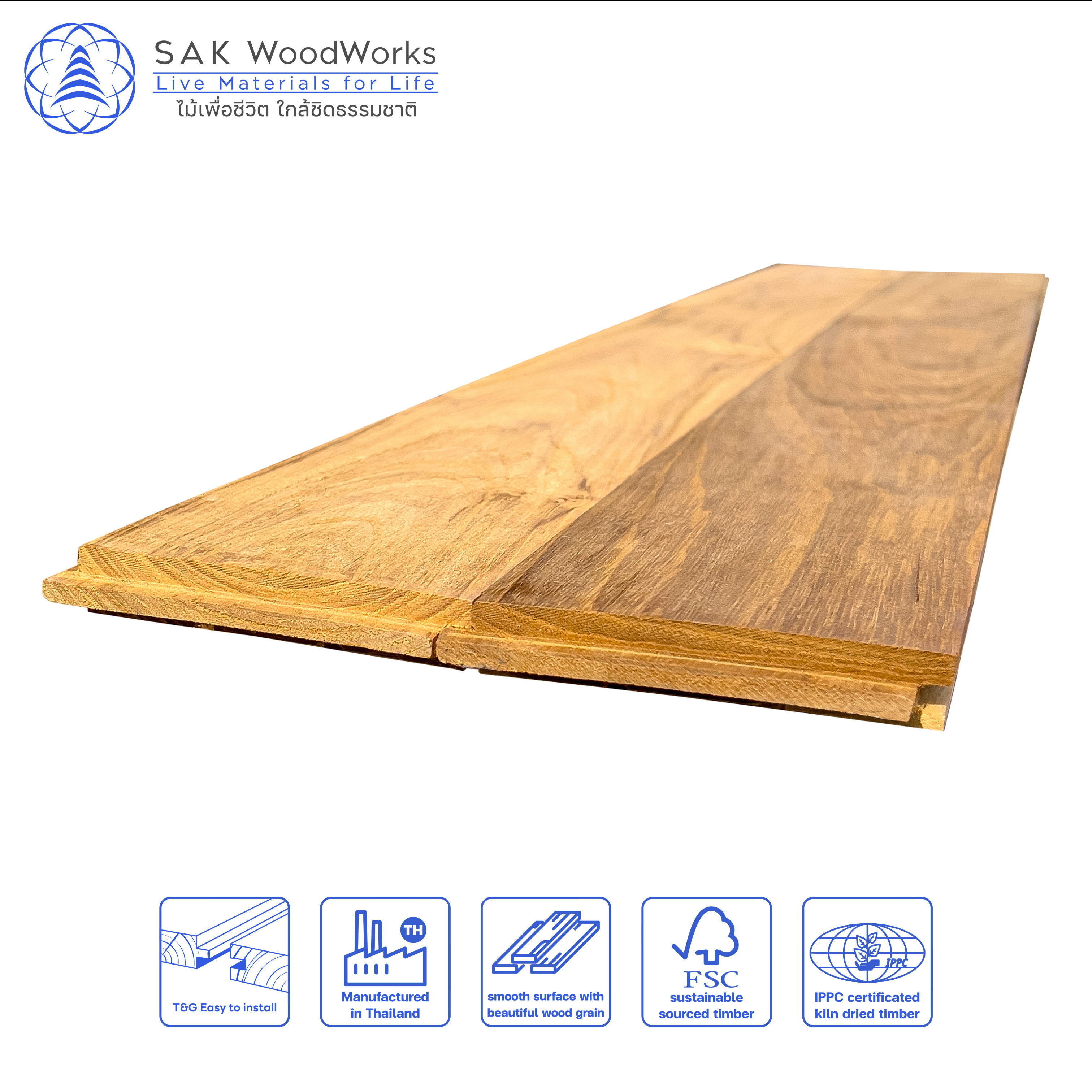 SAK WoodWorks Thai Teak Parquet Boards Luxurious Golden Brown Indoor Wood Flooring FSC Certified 15 x 90 x 300-900 mm.