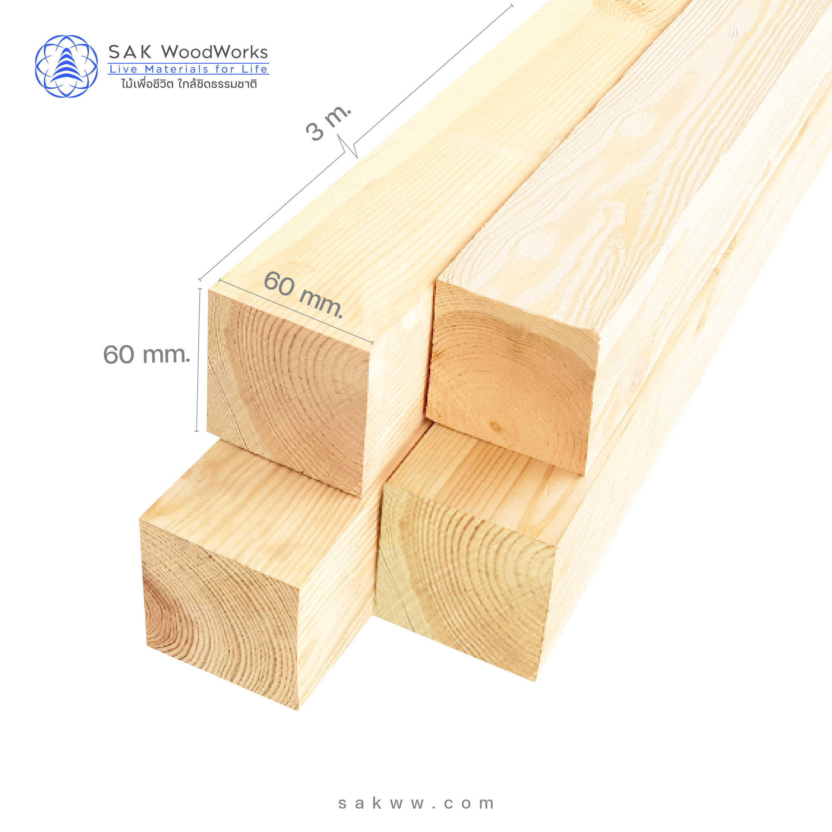 European Pine Spruce Poles 60 mm. x 60 mm. x 3 m. KD S4S for Furniture leg, Bed slat, House decor, Construction etc.