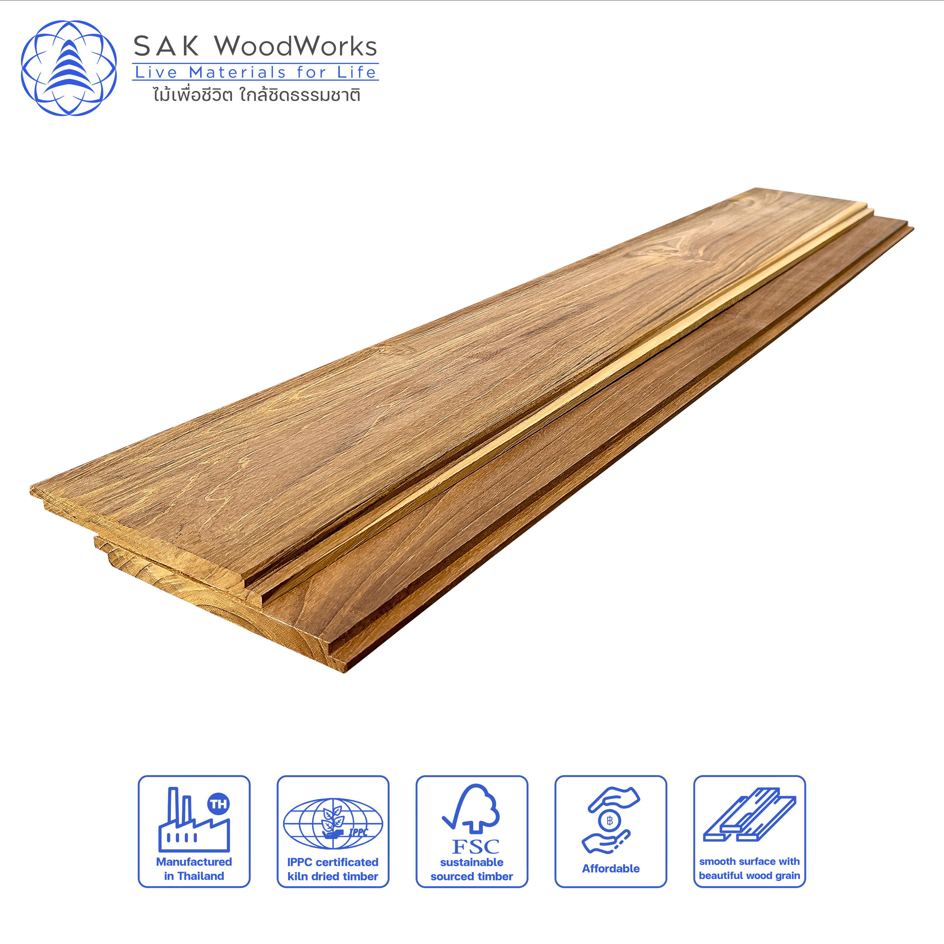 Thai Teak Cladding and Ceiling Boards by SAK WoodWorks Luxurious Wood Cladding for your Estate 12 x 90 x 1000/3000 mm.