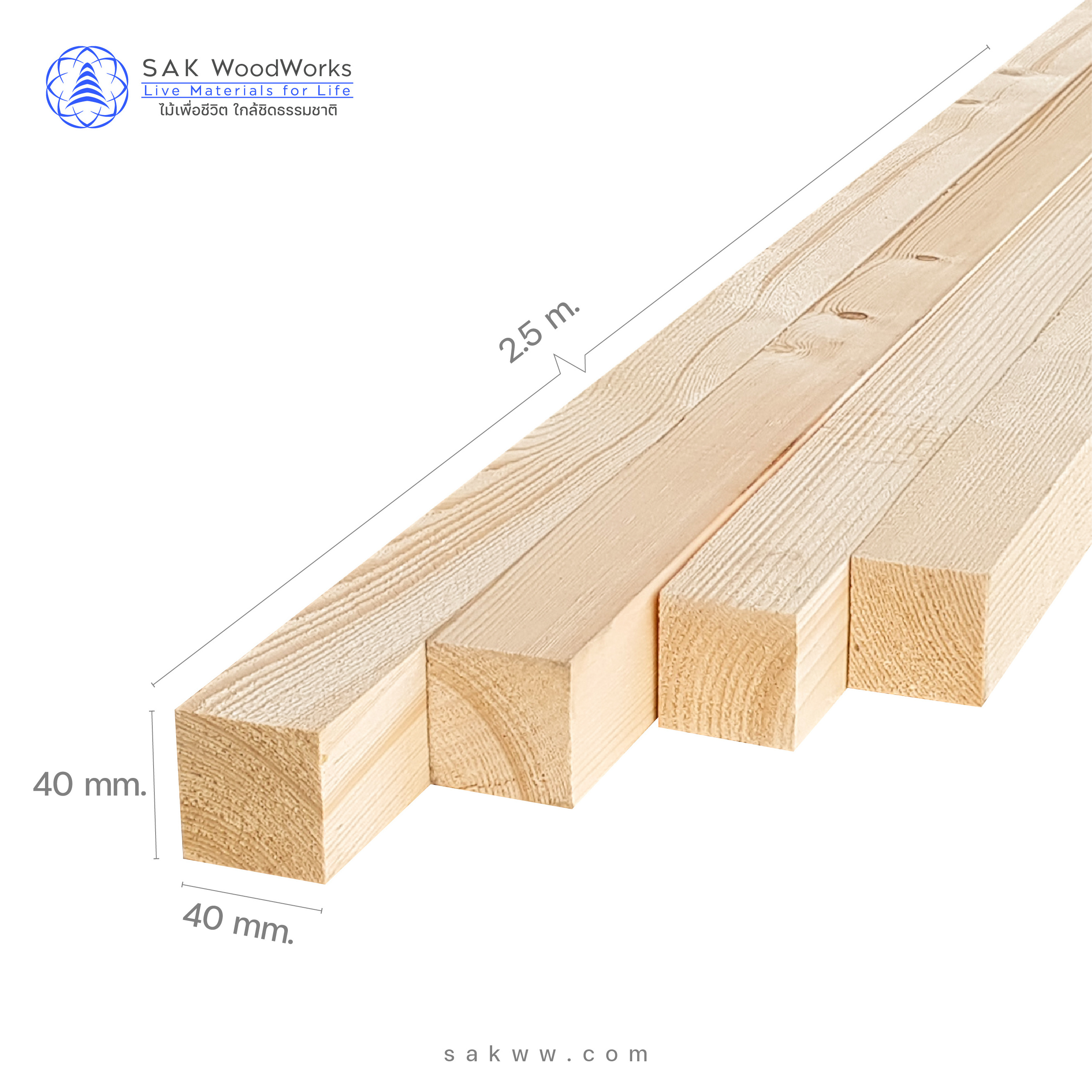 European Pine Spruce Battens Slats 40 mm. x 40 mm. x 2.5 m. KD S4S for Furniture leg, Bed slat, House decor, Construction etc.