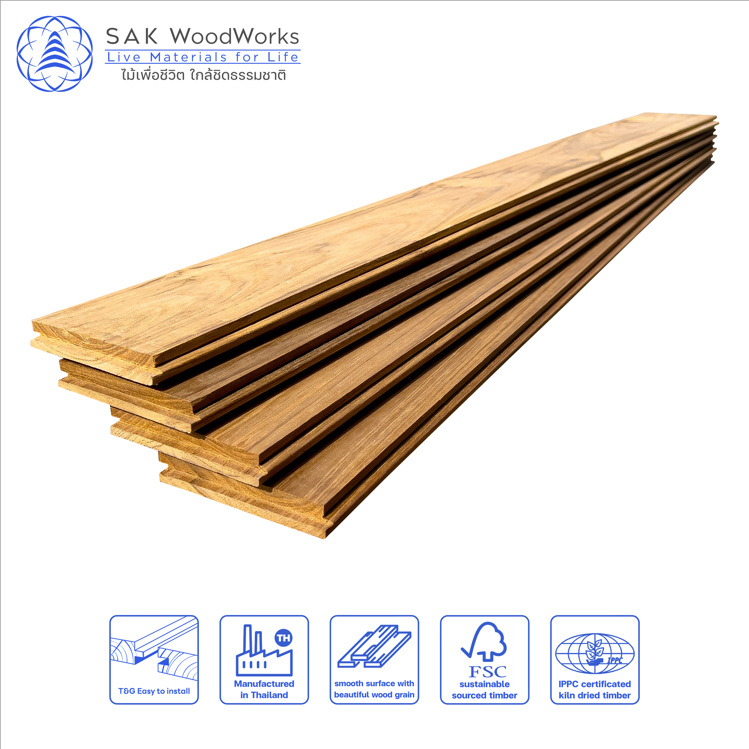 SAK WoodWorks Thai Teak Parquet Boards Luxurious Golden Brown Indoor Wood Flooring FSC Certified 15 x 90 x 300-900 mm.