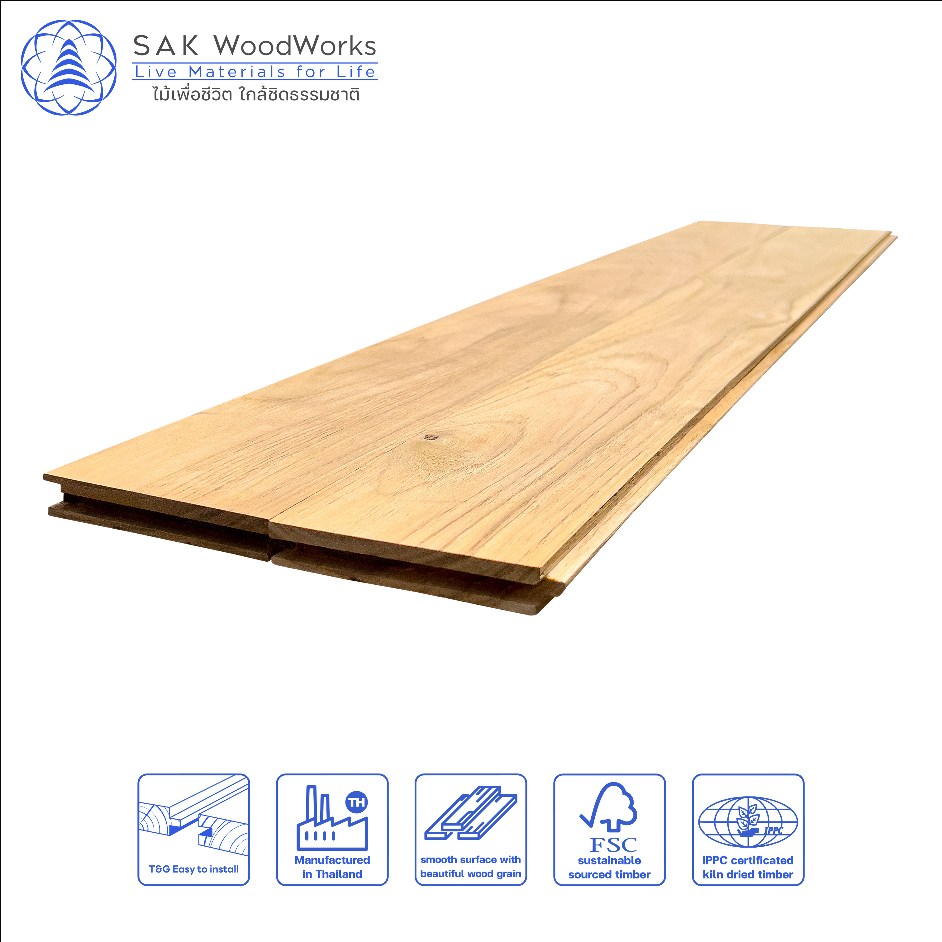 SAK WoodWorks Thai Teak Parquet Boards Luxurious Golden Brown Indoor Wood Flooring FSC Certified 15 x 90 x 300-900 mm.