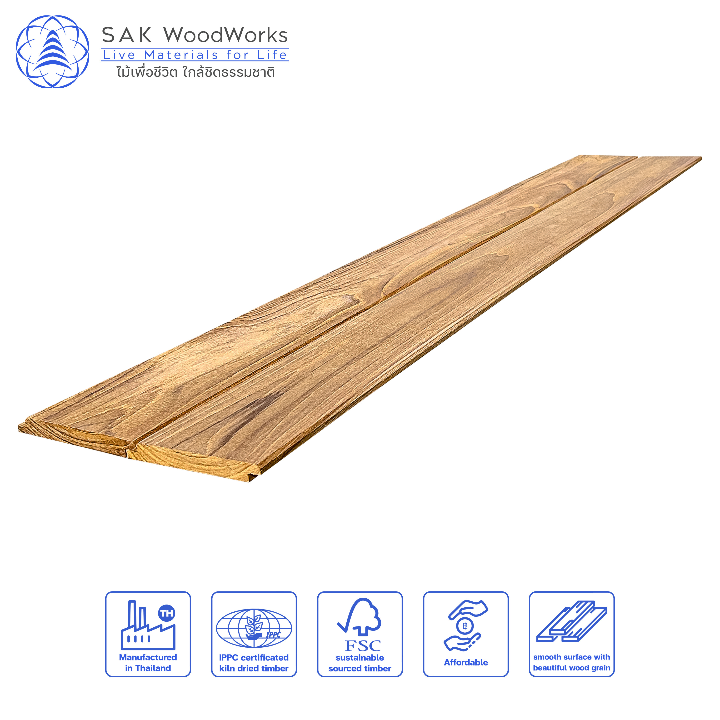 Thai Teak Cladding and Ceiling Boards 12 x 90 x 1000/3000 mm. by SAK WoodWorks Luxurious Wood Cladding for your Estate