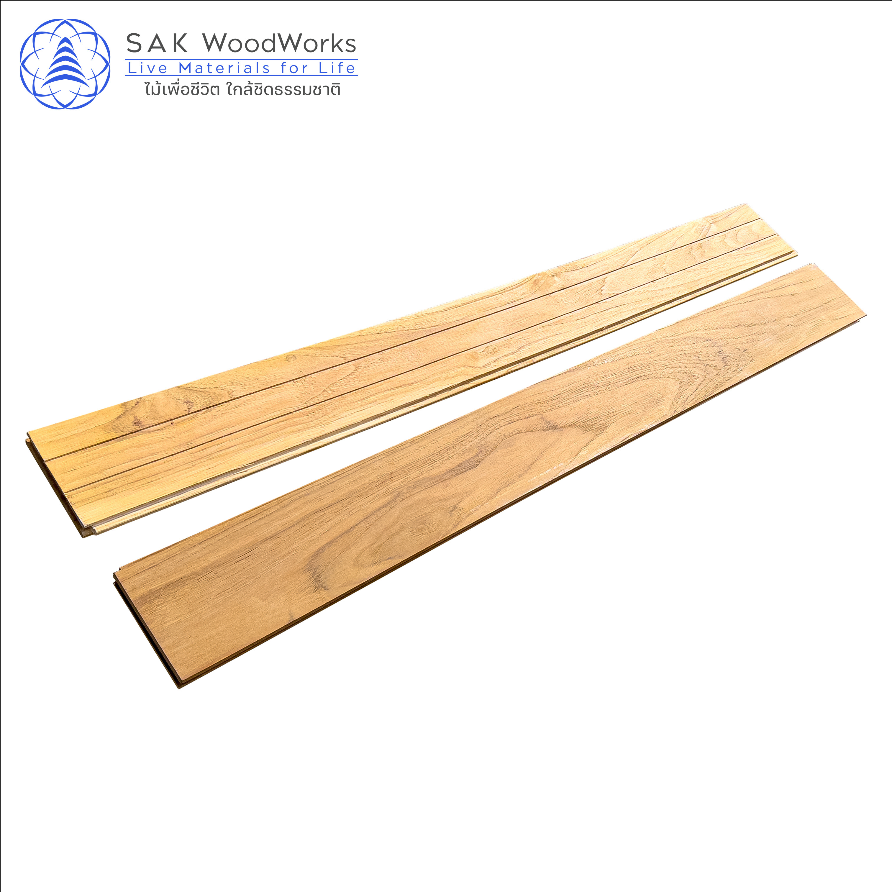 SAK WoodWorks Thai Teak Parquet Boards Luxurious Golden Brown Indoor Wood Flooring FSC Certified 15 x 90 x 300-900 mm.