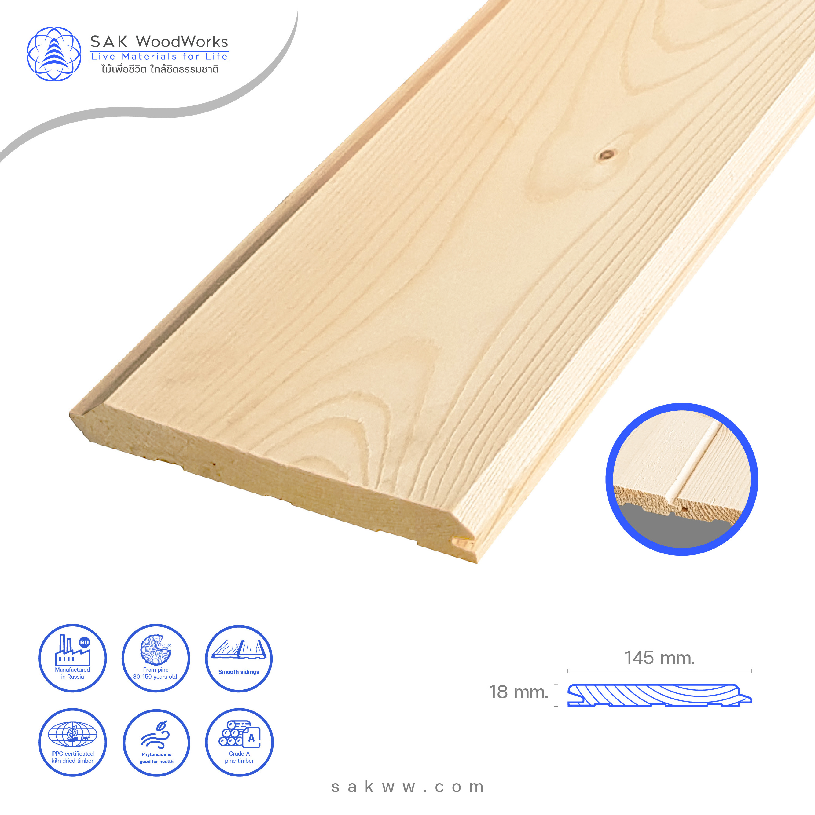 Pine & Spruce V-shape  Claddings with Tongue & Grooved 18 mm. x 145 mm. x 3 m. Best Quality for Wall Panels Ceiling  by SAKWW