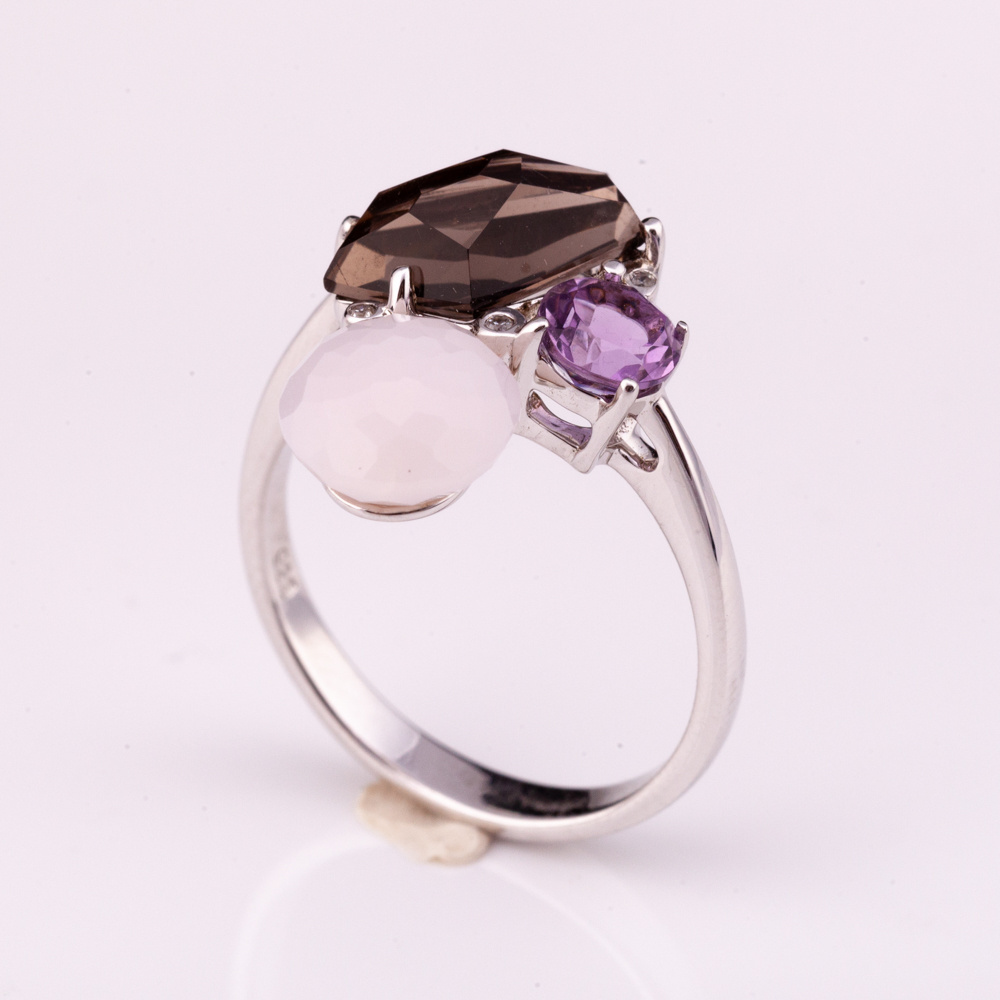 rhodium plate silver 925 ring with natural gemstone pink opal amethyst white topaz and smoky quartz factory price