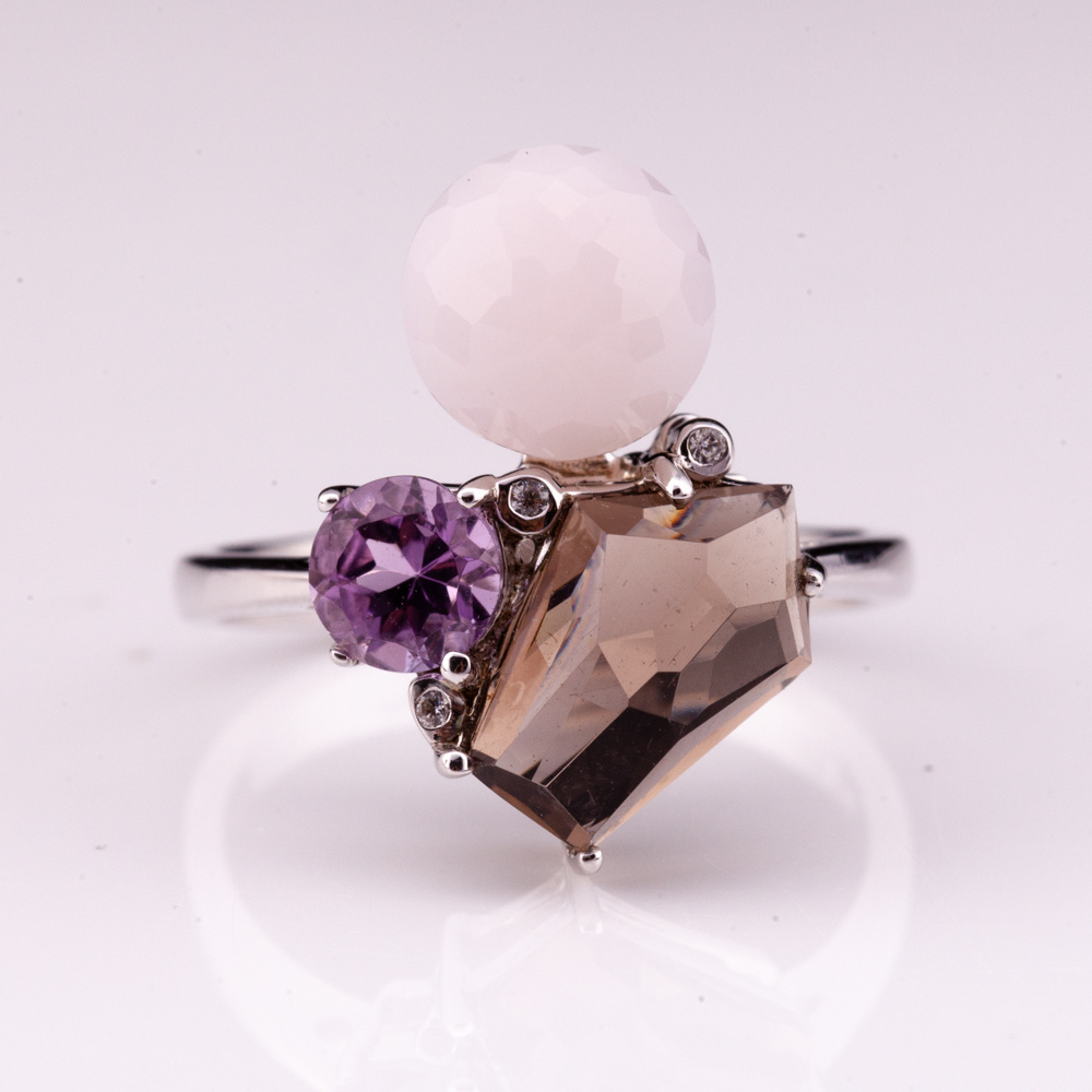 rhodium plate silver 925 ring with natural gemstone pink opal amethyst white topaz and smoky quartz factory price