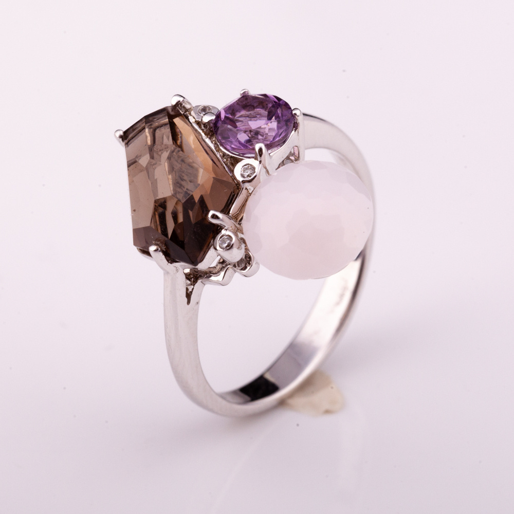 rhodium plate silver 925 ring with natural gemstone pink opal amethyst white topaz and smoky quartz factory price