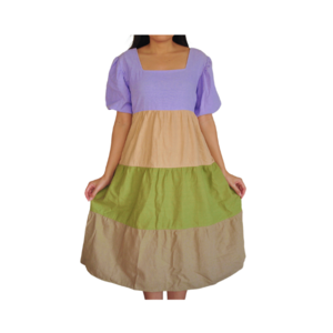 Multi-Colors with Pleated Sleeves Soft Cotton Fabric Soft Cotton Fabric Layer Dress Women's Clothing Made in Thailand