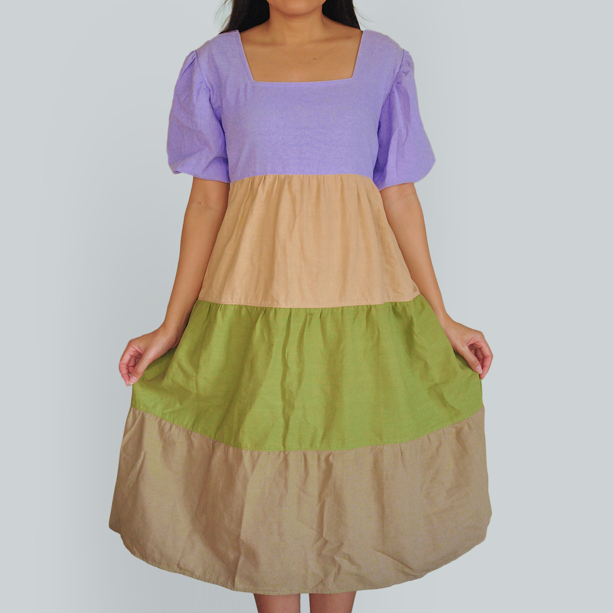 Multi-Colors with Pleated Sleeves Soft Cotton Fabric Soft Cotton Fabric Layer Dress Women's Clothing Made in Thailand