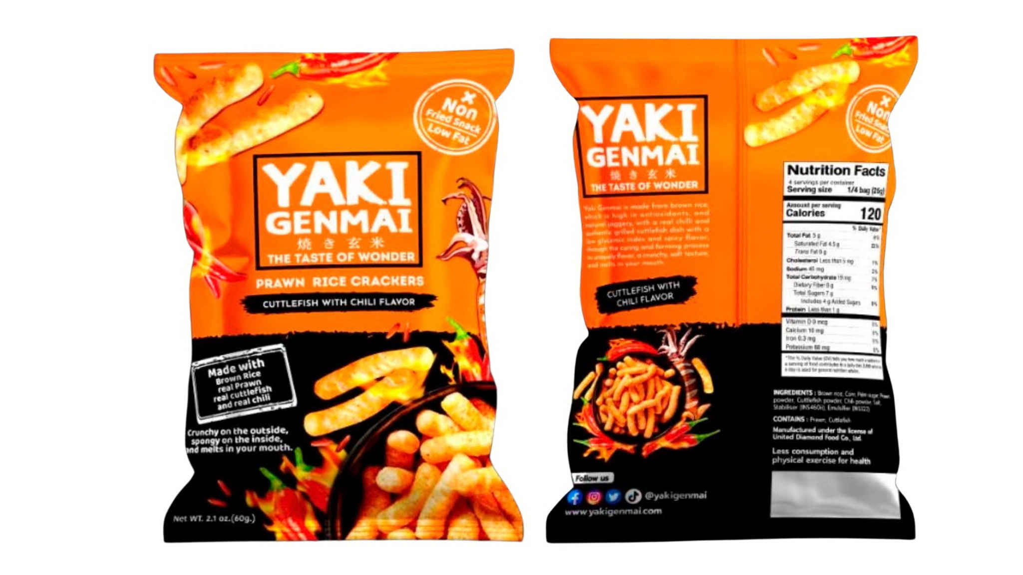 New brand Prawn Rice Crackers from Thailand Cuttlefish with Chilli Flavor Brand YAKI GENMAI Snack sachet packaging Size 60 gm