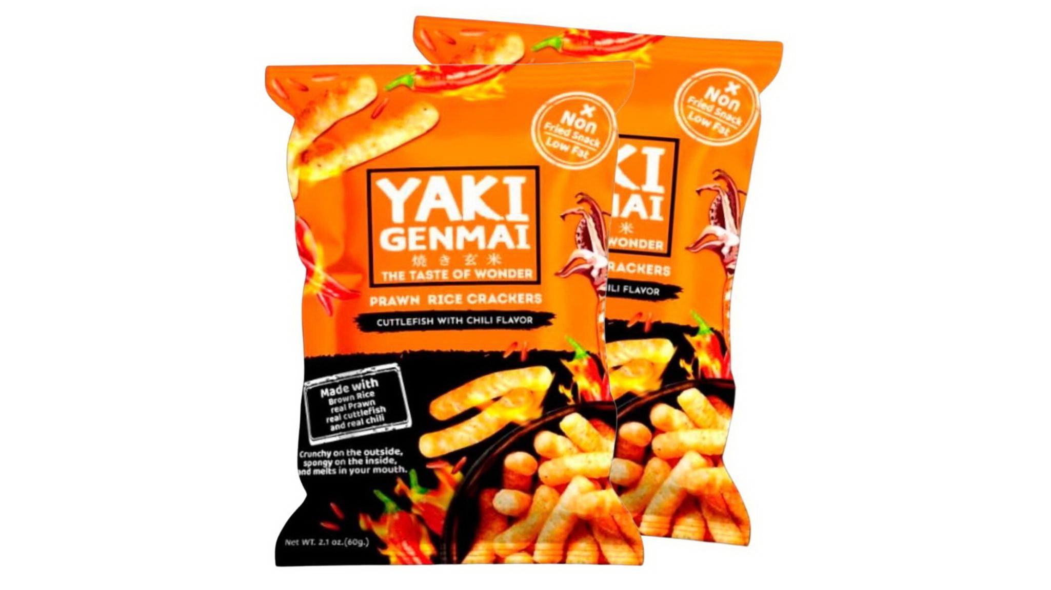 Prawn Rice Crackers Cuttle fish with Chilli Flavor brand YAKI GENMAI snack from Thailand  salmon fish takis chips  Size 60 gm