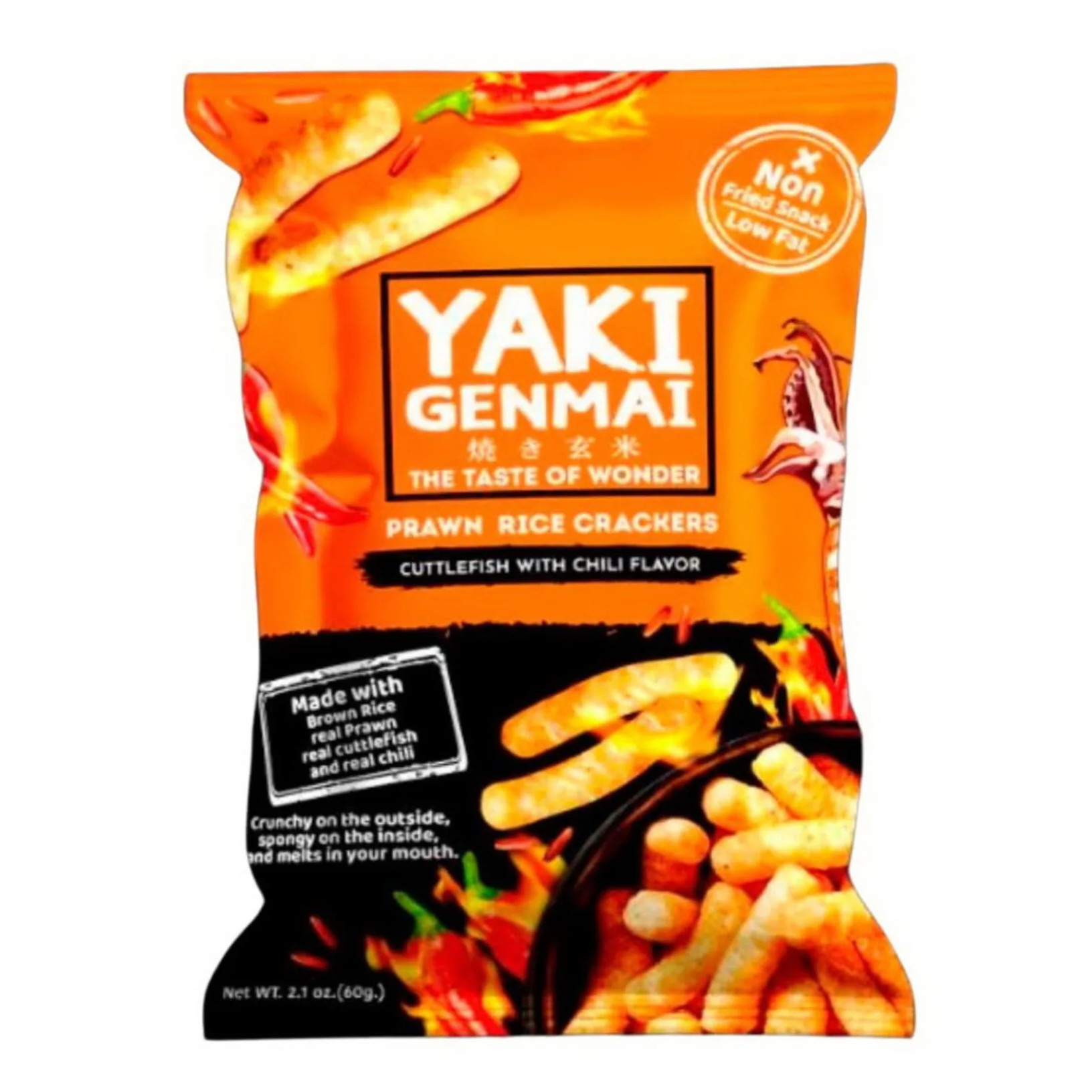 Prawn Rice Crackers Cuttle fish with Chilli Flavor brand YAKI GENMAI snack from Thailand  salmon fish takis chips  Size 60 gm