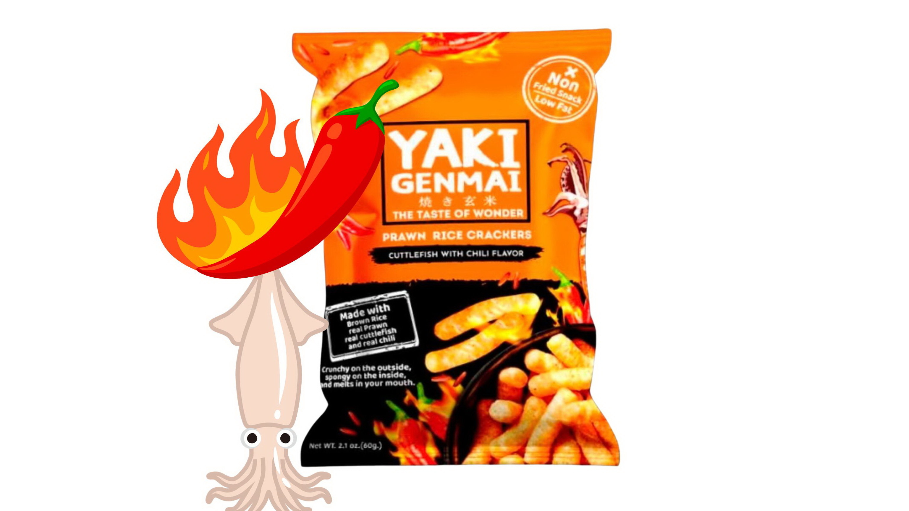 New brand Prawn Rice Crackers from Thailand Cuttlefish with Chilli Flavor Brand YAKI GENMAI Snack sachet packaging Size 60 gm