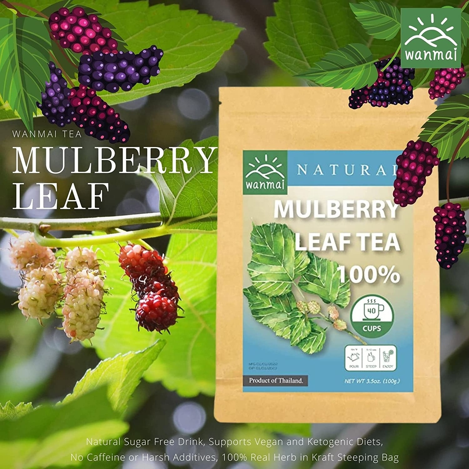 WANMAI29 Mulberry Leaf Tea Supports Vegan and Ketogenic Diets 100% Real Herb in Kraft Steeping Bag