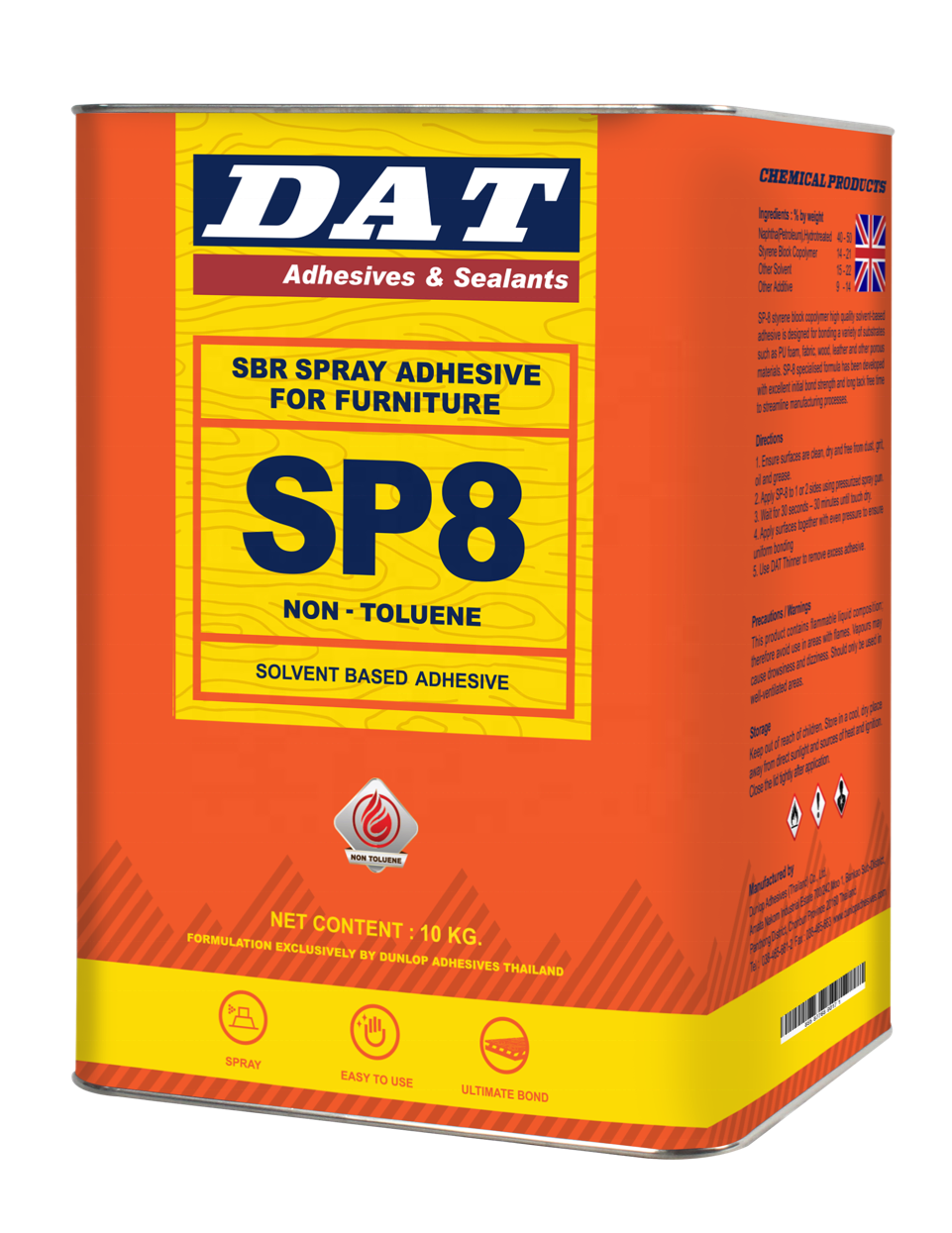 Dunlop DAT SBR Spray Adhesive for Foam and Furniture PU foam with High Initial Tack Low MOQ