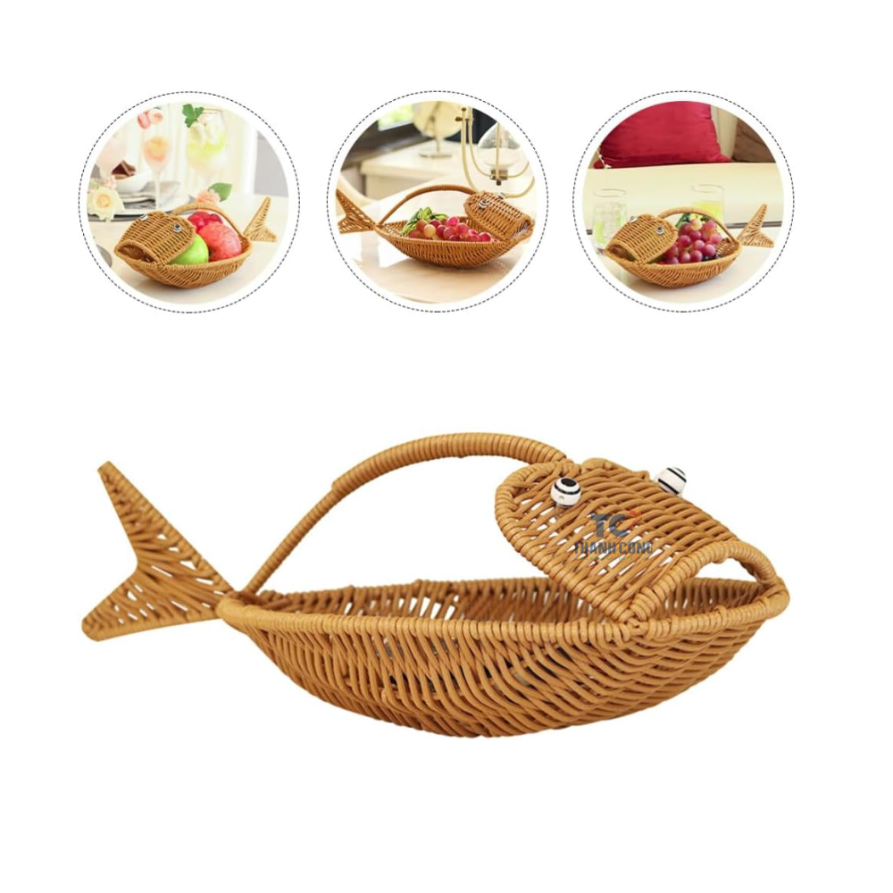 Eco Friendly Rattan Vegetable Storage Serving Basket Rustic Fish Shape Holder Bread Baking Tray Food Baskets