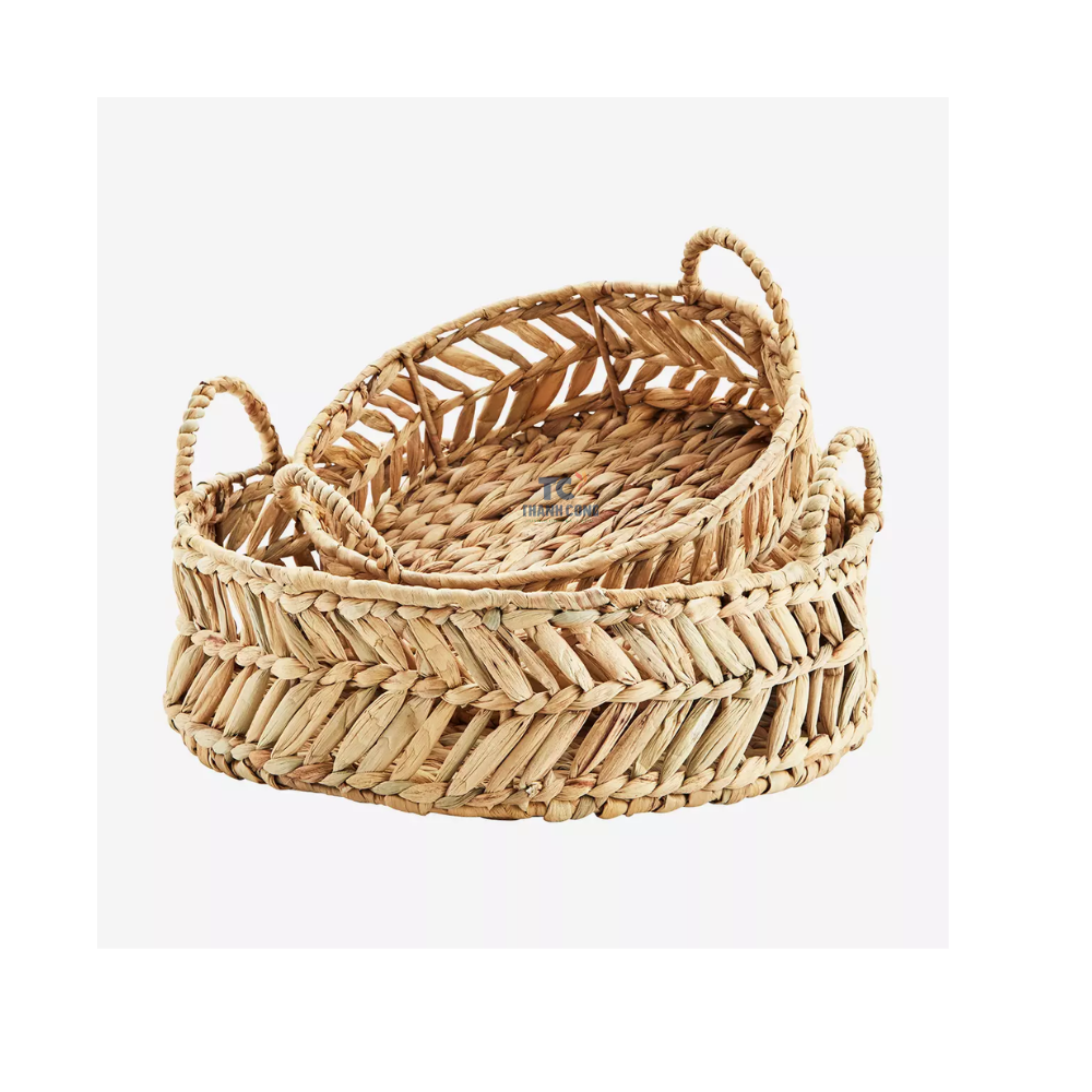 Wholesales Vietnam Round Water Hyacinth Wicker Woven Tray With Handle Tray For Decor Round Natural Tray