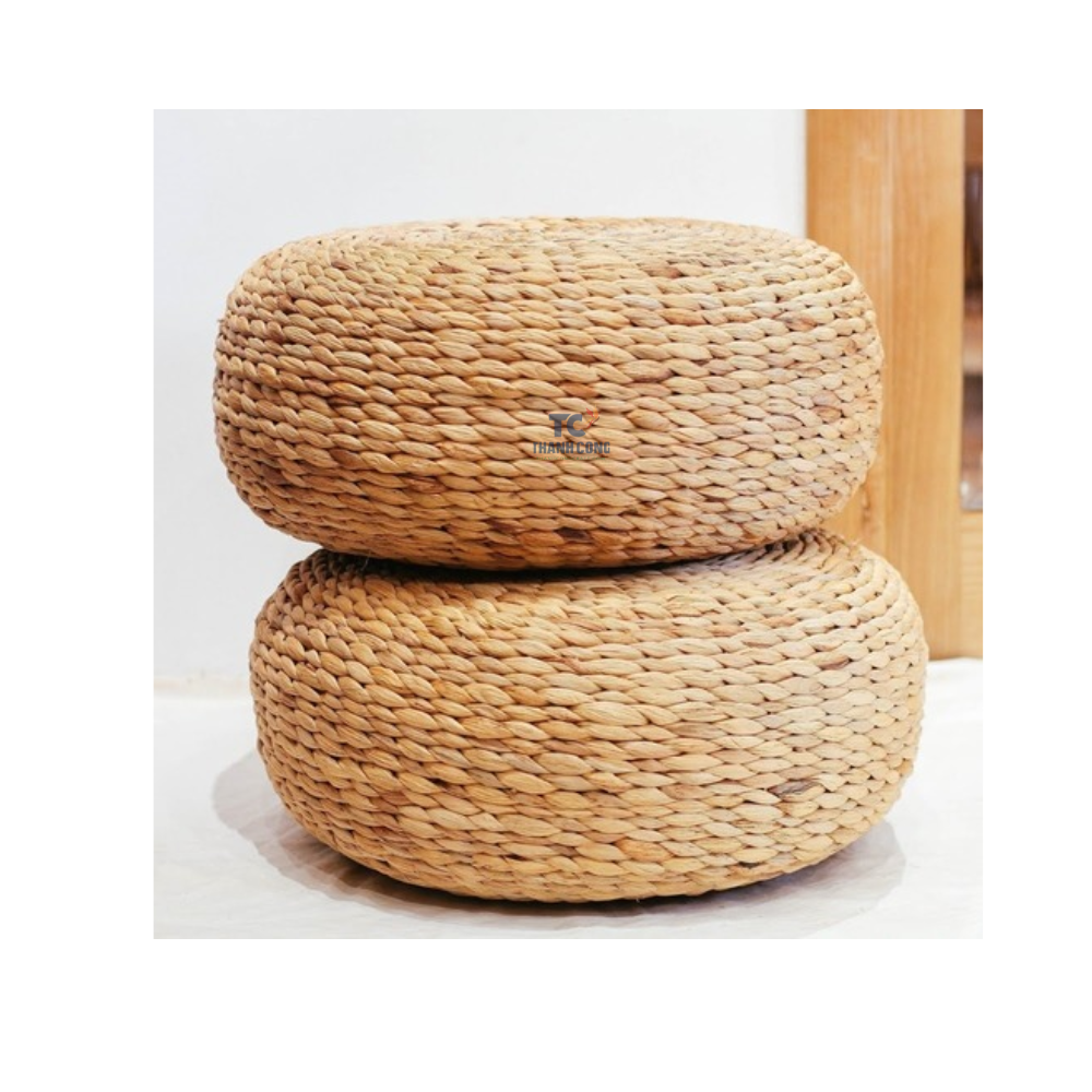 Handwoven Natural Round Water Hyacinth Ottoman Rustic Decor Cushion Water Hyacinth Straw Pouf Japanese Styles