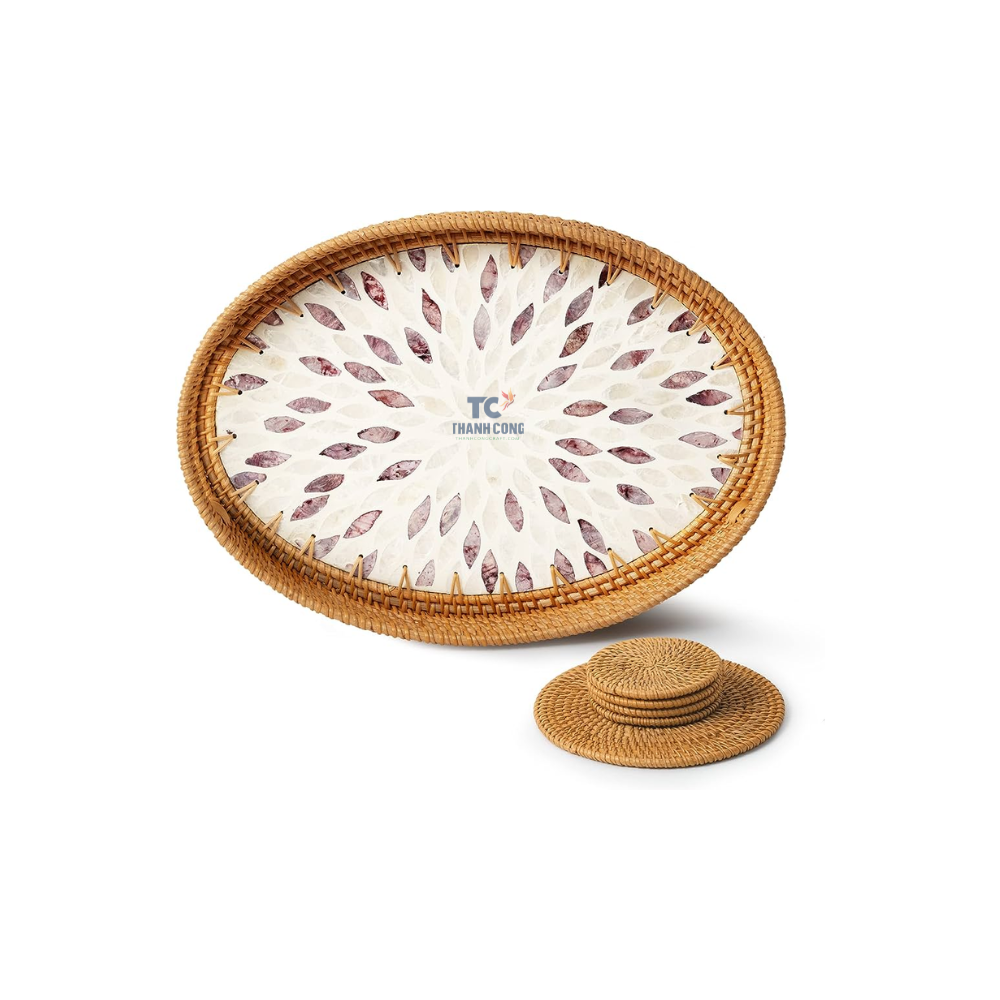 High Quality Rattan Tray Mother of Pearl Decorative Serving Tray for Breakfast Coffee Table