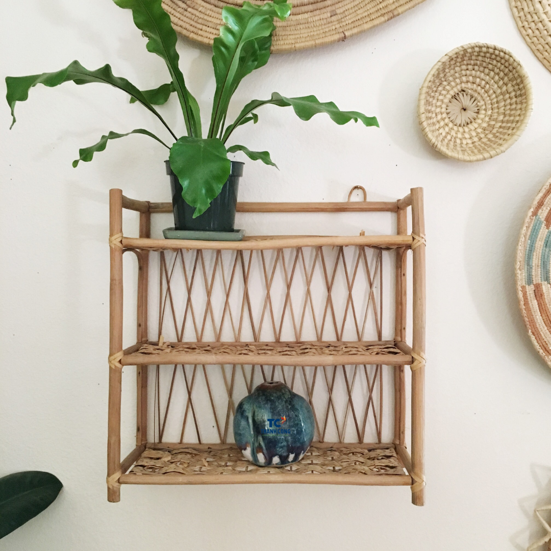 Sustainable Rattan hanging book shelf for kid and rattan wall mounted shelf for home decorations