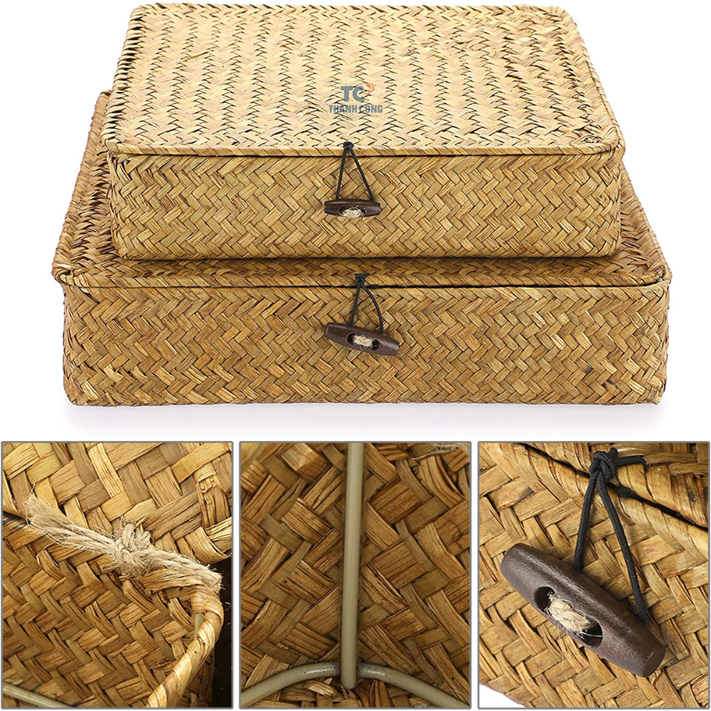 Set of 2 Flat Woven Wicker Storage Bins with Lid Natural Seagrass Basket Boxes Multipurpose Home Organizer Bins Boxes for Shelf