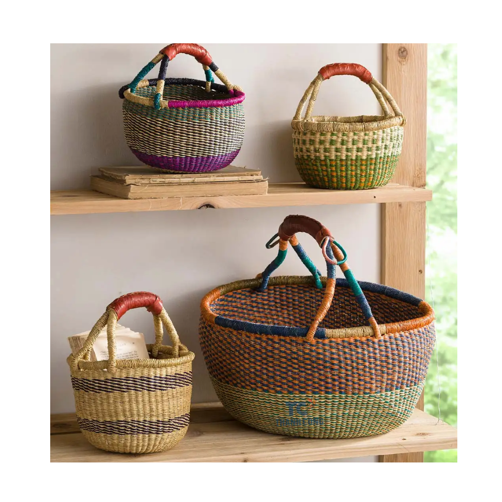 HOT  Handmade bags African seagrass bolga baskets colorful Ghana woven baskets Africa carry bags Made In Vietnam